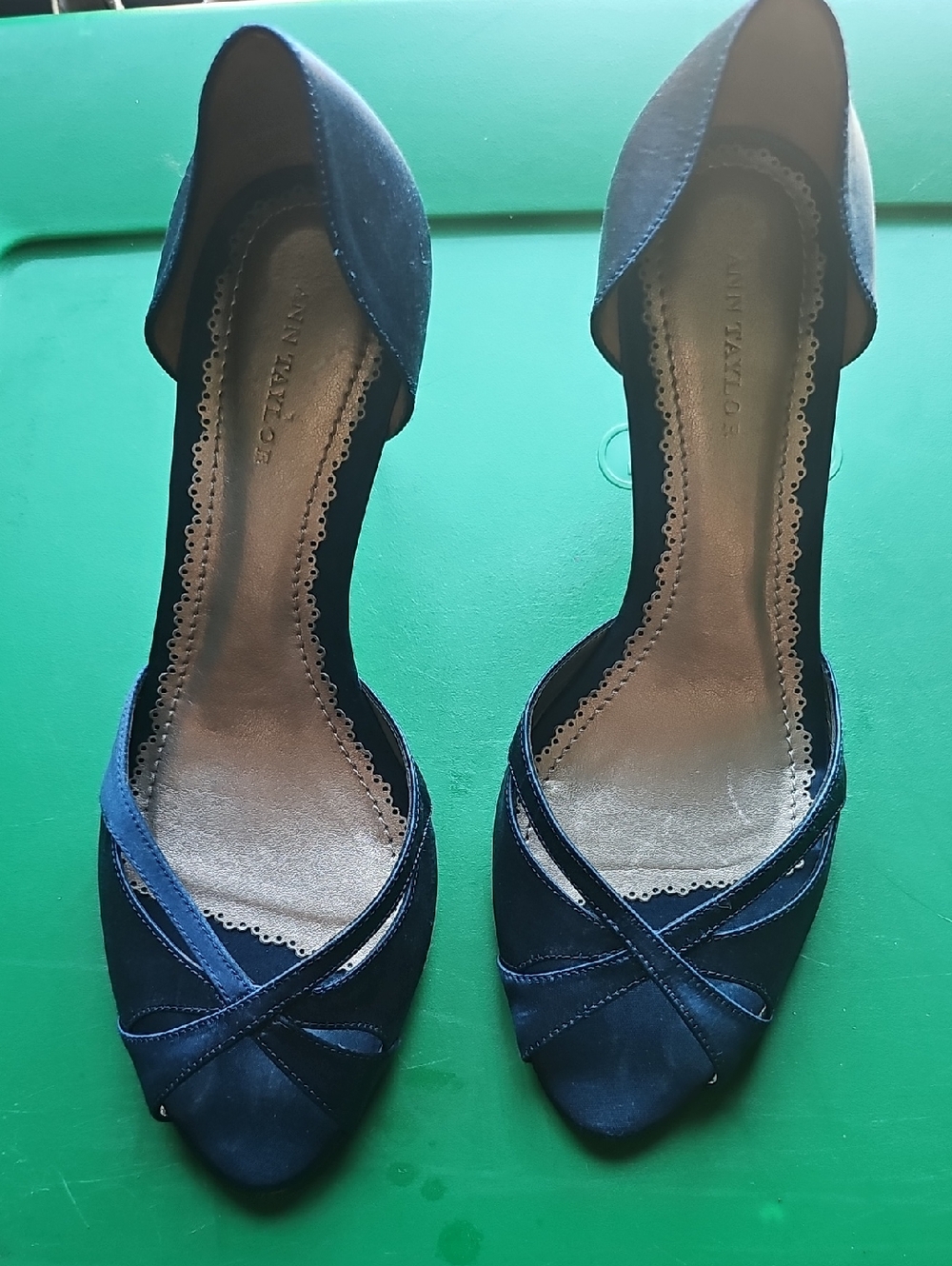 Ann Taylor Navy Blue D'Orsay Heels with Cross-Strap Detail